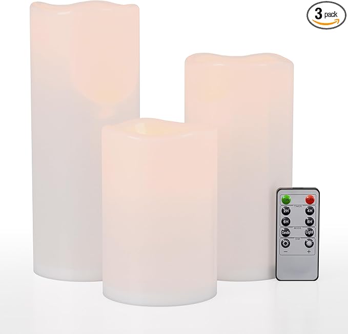 6" 8" 10" x 4" White Large Waterproof Outdoor Flameless Candles Battery Operated LED Flickering Pillar Candles with Remote and Timer for Indoor Outdoor Lanterns, Long Lasting, Set of 3
