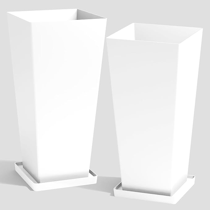 WORTH Garden Large 28 in.Tall Planters Set of 2 for Indoor and Outdoor, Heavy Duty Plastic White Modern Taper Flower Plant Pots with Drainage Hole and Dual-Purpose Tray for Front Porch, Patio