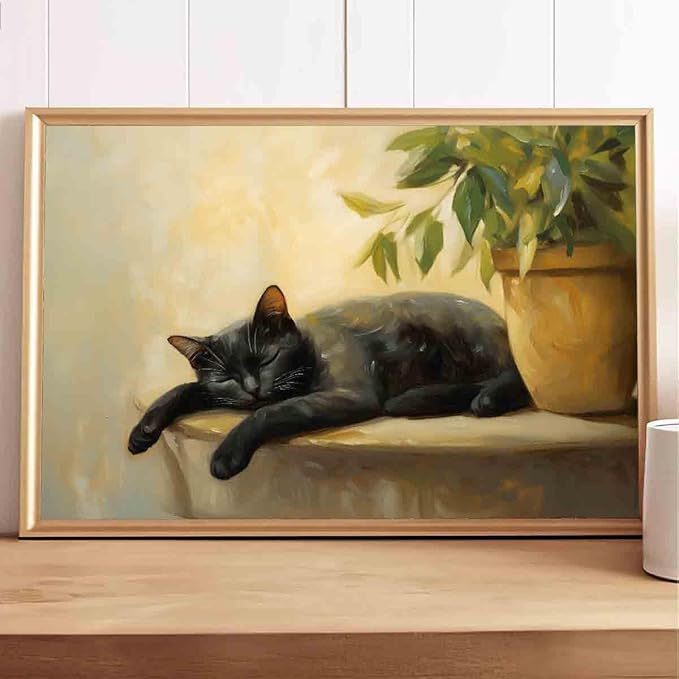Black Cat Poster Lovely Cat Sleeping Picture Retro Plant Wall Art Still Life Painting Vintage Vase Canvas Animal Artwork Plant Living Room Decor 16x24inch No Frame