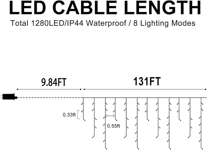 Heceltt Christmas Lights Outdoor, 131FT 1280 LED Ice Lights for Outside, 90 Drops Ice String Lights with 8 Modes, Waterproof Timer & Memory for Yard, Garden, Eaves, Patio, Party (Warm White)
