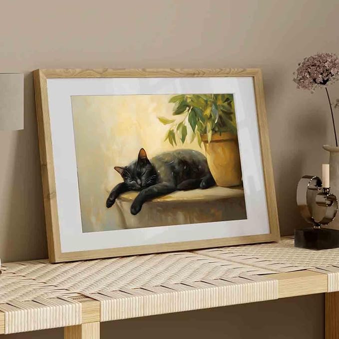 Black Cat Poster Lovely Cat Sleeping Picture Retro Plant Wall Art Still Life Painting Vintage Vase Canvas Animal Artwork Plant Living Room Decor 16x24inch No Frame