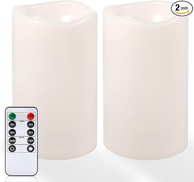 NURADA 6" x 4" Large Outdoor Flameless Candles - Waterproof LED Pillar Flickering Candle Battery Operated with Timer Remote Control for Patio Porch Lanterns Decor - Long Lasting Set of 2