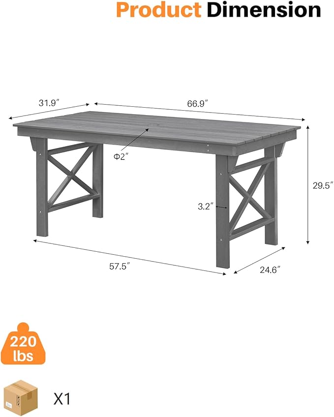 HDPE Outdoor Dining Table, 66.9” Rectangle Patio Dining Table for 6, All-Weather HDPE Outdoor Table with 2.2” Umbrella Hole, HDPE Patio Furniture for Deck, Backyard, Garden, Pool, Smoke Gray