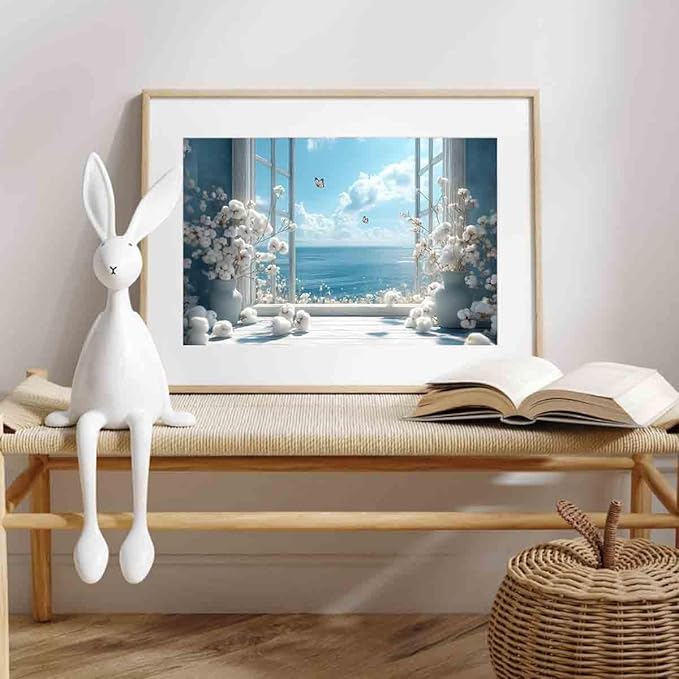 Open Window Canvas Wall Art Cotton Bouquet Wall Art White Flower Painting Blue Sea Picture Coastal Flower Painting Still Life Pictures Relaxing Living Room Decor 16x24inch No Frame