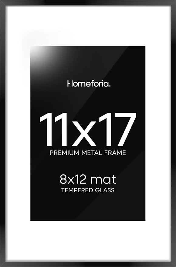 Homeforia 11 x 17 Picture Frame Black, High End Metal 11x17 Poster Frames with Mat 8x12 for Photo, 11 x 17 Black Frame Matted to 8 x 12 inch Print, 17x11 Thin Frame, Tempered Glass, Wall Kit, Set of 1