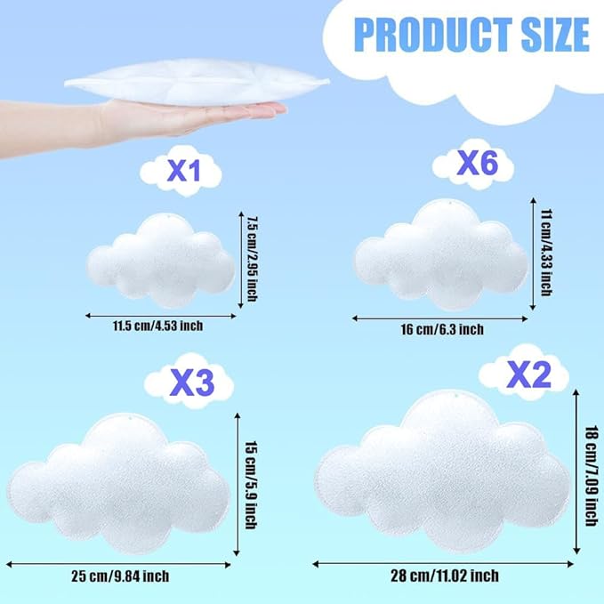 12 Pcs 3D Cloud Decorations Hanging Clouds for Room Ceiling Decor Clounds Decorations Felt Fake Cloud Ornaments Cloud Props for Art Stage Wedding Nursery Children Room Themed Party Baby Shower