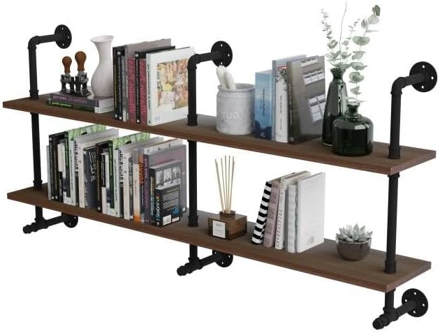 Industrial Pipe Wall Shelves Pipe Shelving with Real Wood Plank ,60 Inches Floating Shelves for Wall Farmhouse Pipe Book Shelves Dark Brown 2 Tier for Kitchen,Living Room Decor and Bar Shelving