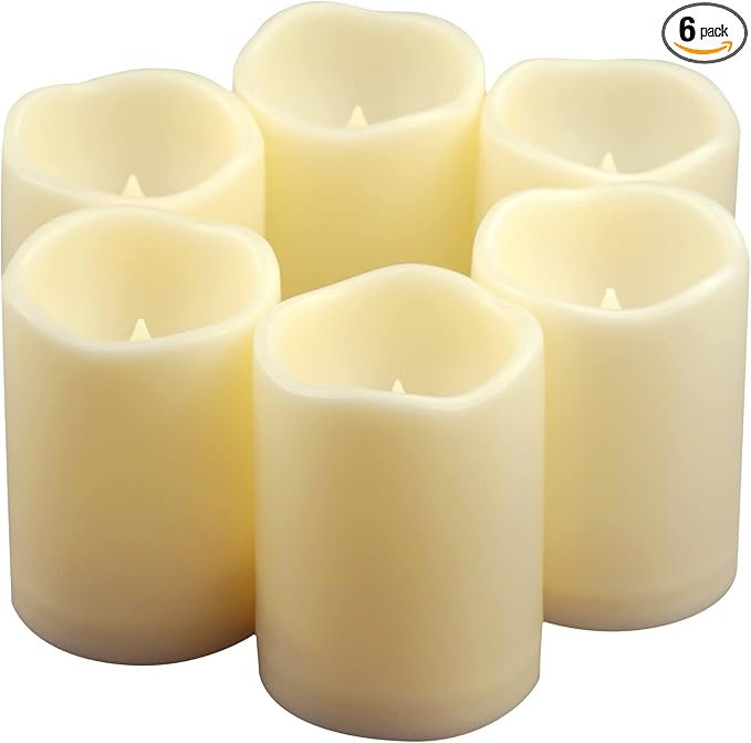 Waterproof Outdoor Battery Operated Flameless Candles with Auto Timer Flickering Plastic Resin Electric LED Pillar Lights for Lantern Patio Garden Wedding Party Decorations 3x4 Inches 6 Pack Ivory