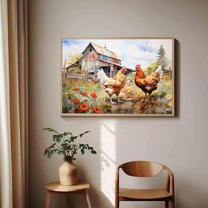 Chicken Farm Wall Art Rustic Country Painting Chickens Pictures Vintage Countryside Canvas Wall Art Barn Rustic Farmhouse Pictures Animals Wildflower Painting Living Room Decor 16x24inch No Frame