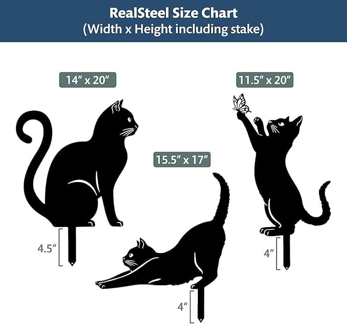 RealSteel I 3 Pack Steel Cat Garden Decor I Outdoor Yard Decorations I Gift for Cat Lovers I Lawn Ornaments and Statues I Garden Signs Decorative Outdoor - Black