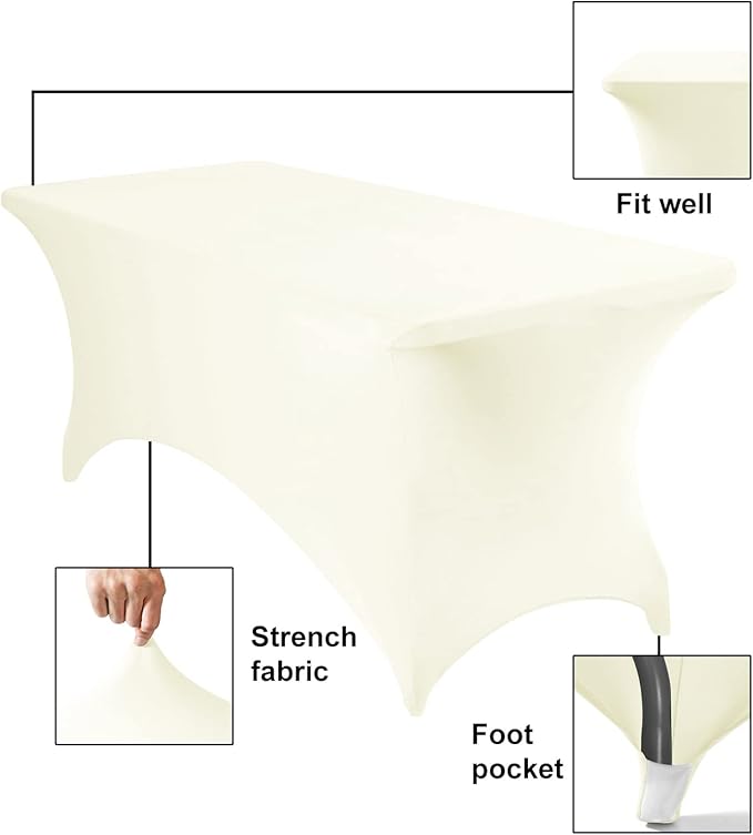 4Pack Spandex Waterproof Table Covers 6ft,Spandex 6ft Waterproof Table Cover for Party,Wedding, Banquet, and Events(Ivory)