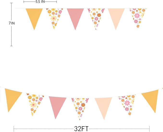 32Ft Groovy Party Decorations Dusty Pink Yellow Pennant Banner Fabric Triangle Flag Bunting Garland Streamers for Daisy Groovy Boho Retro Hippie Wedding Birthday Baby Shower Spring Party Supplies