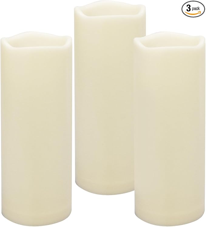 Waterproof Outdoor Battery Operated Flameless Candles with Auto Timer Flickering Plastic Resin Electric LED Pillar Lights for Lantern Patio Garden Wedding Party Decorations 3x8 Inches 3 Pack Ivory