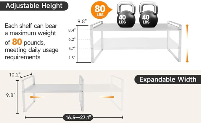 16.5~27.1" Expandable Shelf Organizer, 2Pack 10.2" Wide Stackable Cabinet Shelf Organizers, White Metal Sturdy Kitchen Counter Storage for Countertop, Adjustable Height Spice Rack