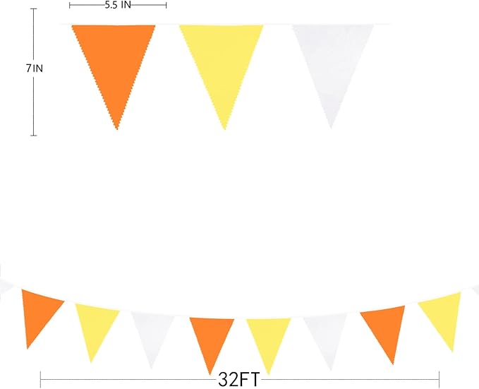 32Ft Orange Yellow White Triangle Flag Fabric Banner Pennant Garland Bunting Streamer for Fall Decor Autumn Wedding Birthday Sunshine Groovy Party Thanksgiving Day Outdoor Garden Hanging Decorations