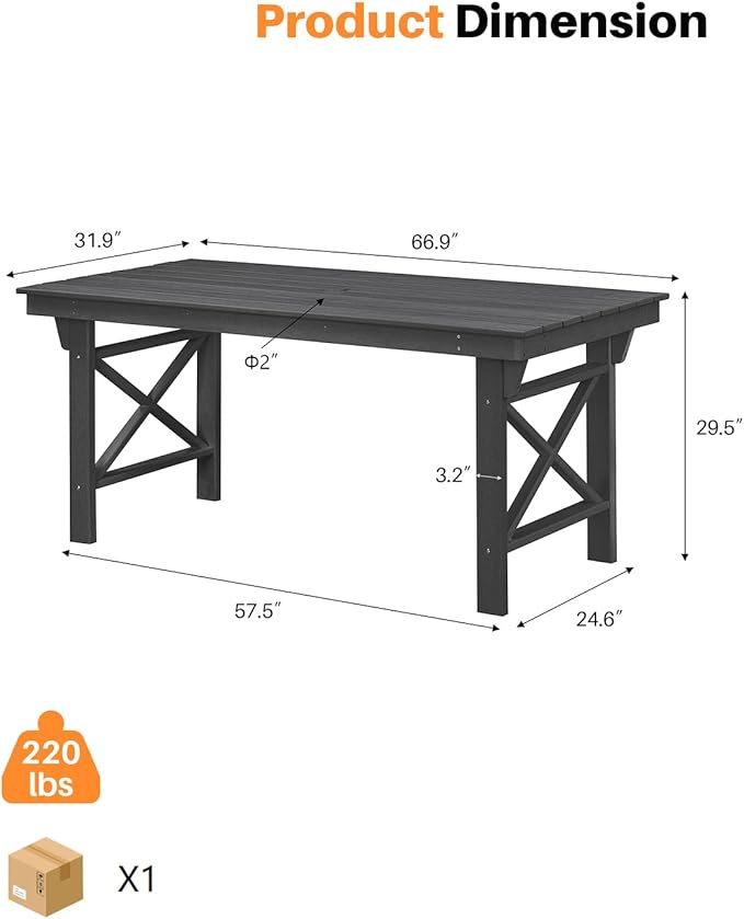 HDPE Outdoor Dining Table, 66.9” Rectangle Patio Dining Table for 6, All-Weather HDPE Outdoor Table with 2.2” Umbrella Hole, HDPE Patio Furniture for Deck, Backyard, Garden, Pool, Obsidian