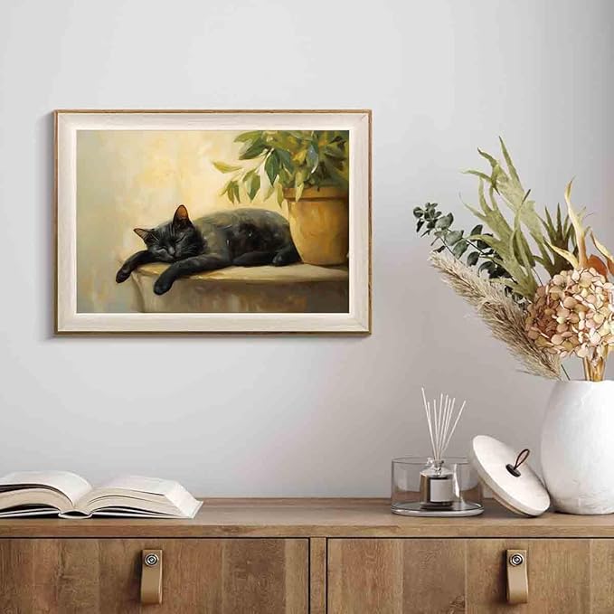 Black Cat Poster Lovely Cat Sleeping Picture Retro Plant Wall Art Still Life Painting Vintage Vase Canvas Animal Artwork Plant Living Room Decor 16x24inch No Frame