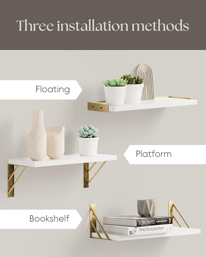 BAYKA Wall Shelves for Bedroom Decor, Floating Wall Shelves for Living Room Kitchen Storage, Wall Mounted Rustic Wood Shelves for Kids Books,Corner Shelves for Bathroom(White and Gold,Set of 3)