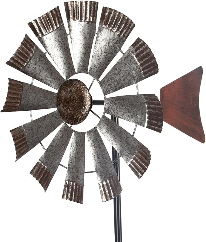 Wind Spinners Outdoor,Metal Vintage Style Single Sided Silver Windmill Kinetic Wind Spinner for Outdoor Garden Patio Yard Decor,Diameter 13 Inches