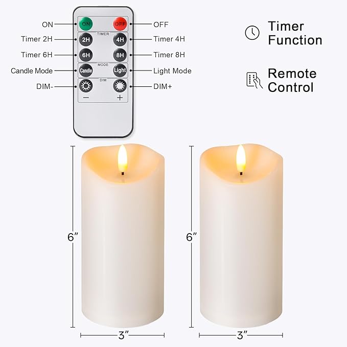 Outdoor Flameless Candles with Remote Timer - Waterproof Realistic Flickering LED Pillar Electric Battery Operated Fake Candle for Holiday Home Wedding Fireplace Decor - Ivory White 2 Pack (6"6")
