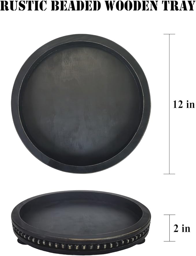 12 Inches Rustic Wooden Decorative Tray, Small Round Beaded Wood Tray for Kitchen Dinning Table Centerpiece Decor Entryway Living Room Home Decor, Black