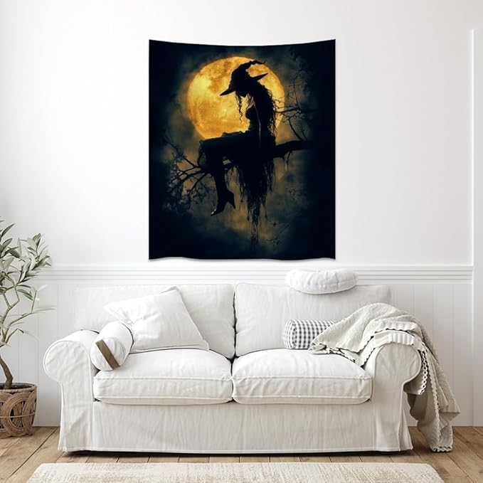 Halloween Witch Tapestry Wall Art Witchcore Moon Aesthetic Print Dark Academia Gothic Tapestries Wall Hanging Horror Ghost Halloween Party Decor for Home Living Room Bedroom 30x40inch