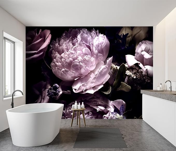 '-Black Peony Purple Floral Botanical Fabric Wallpaper Living Room Bedroom Bathroom Dark Flowers Large Wall Mural- 137"x96"( not Peel and Stick)
