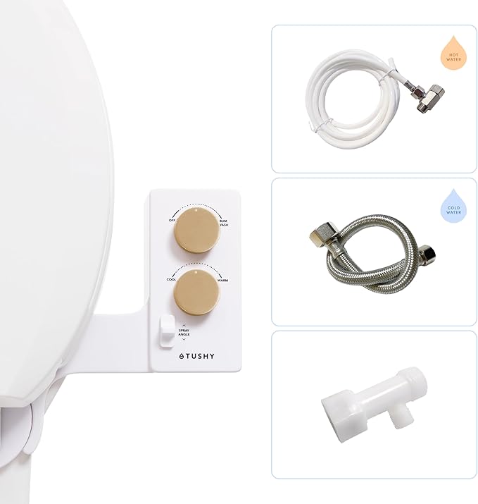 TUSHY Spa Royale Warm Water Bidet Seat Attachment. Self Cleaning Water Sprayer, Adjustable Pressure Nozzle, Angle Control. (Requires Sink Access for Water Temperature Control), Gold Knobs