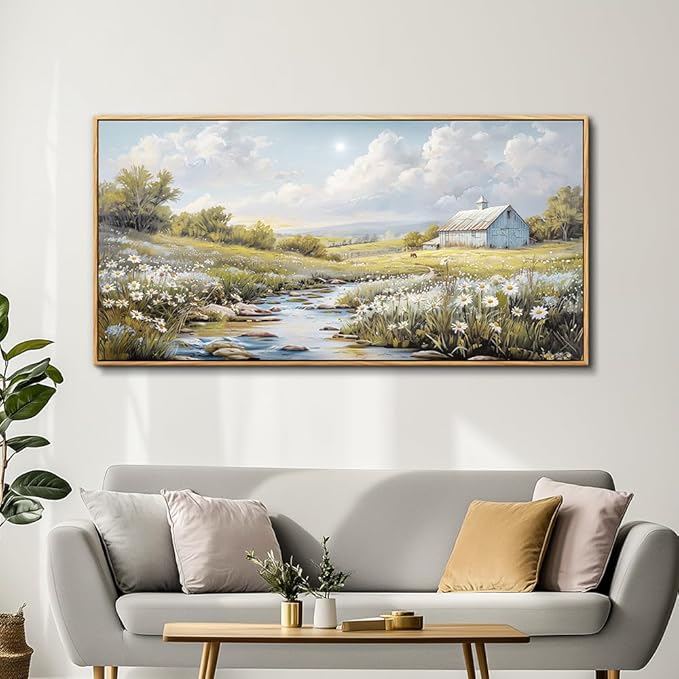 PHAOHUAXM Large Canvas Wall Art For Living Room Wall Decor For Bedroom Flower Watercolour Office Decoration Countryside Scenery Wall Picture Printing Art Painting Home Decor 30x60 In Wood Framed
