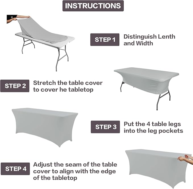 IVAPUPU 8FT Table Cloth for Rectangular Fitted Events Stretch Grey Table Covers Washable Cover Spandex Tablecloth Protector for Party, Wedding, Cocktail, Banquet, Festival