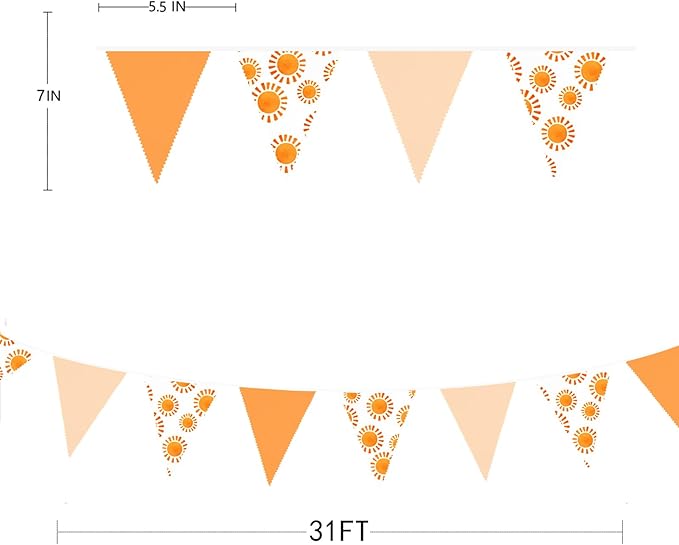 32Ft Sunshine Party Decorations Orange Yellow Triangle Flag Fabric Banner Pennant Garland Bunting Streamer for Boho Sun Birthday First Trip Around The Sun Groovy Retro Hippie Party Decor Supplies