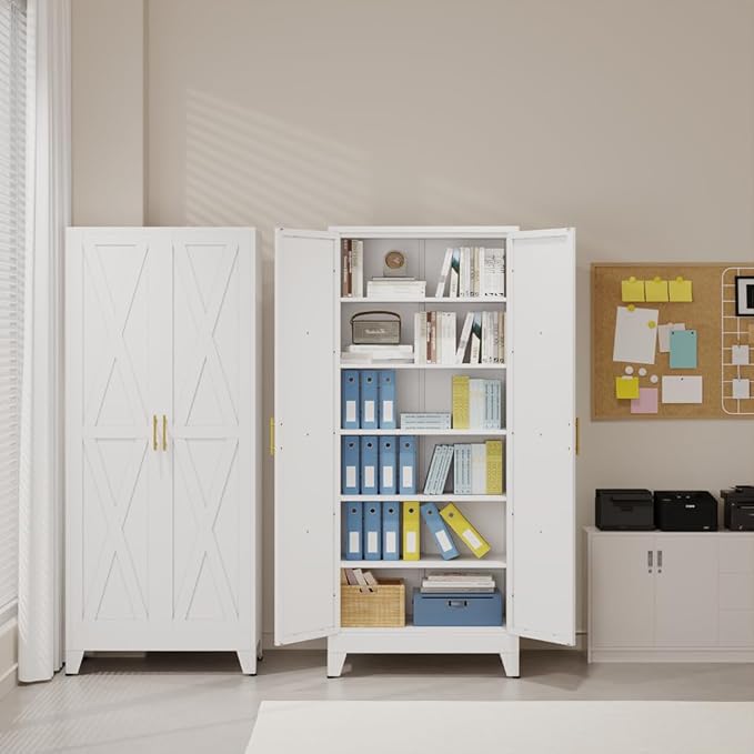 75" Tall Metal Kitchen Pantry Storage Cabinet, Freestanding Cupboard with 2 Doors and 5 Adjustable Shelves, Standing Storage for Kitchen, Bathroom, Garage, Dinning Room or Utility Room(White)