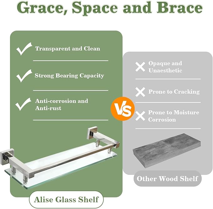 Alise Glass Shelves for Bathroom Wall, Tempered Glass Bathroom Shelf Wall Mounted, Modern Space Saving Floating Shelves 12 inch, Polished Chrome