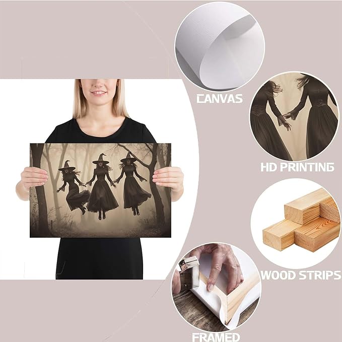 Three ghost witches flying in vintage forest gothic wall art witchcraft decoration holiday gift canvas wall art print24x36in Wood Framed