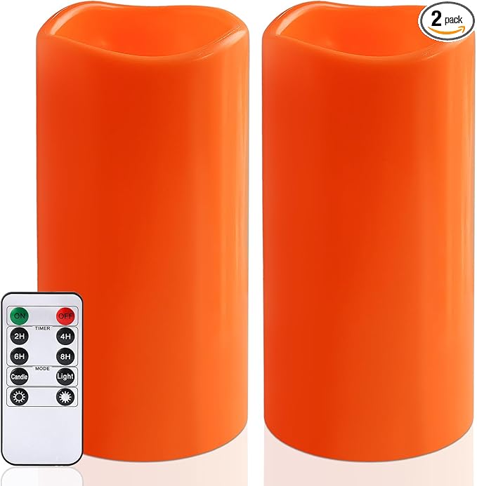 NURADA 8" x 4" Large Outdoor Flameless Candles - Waterproof LED Pillar Flickering Candle Battery Operated with Timer Remote for Patio Porch Lanterns Halloween Thanksgiving Fall Decor - 2 Pack Orange