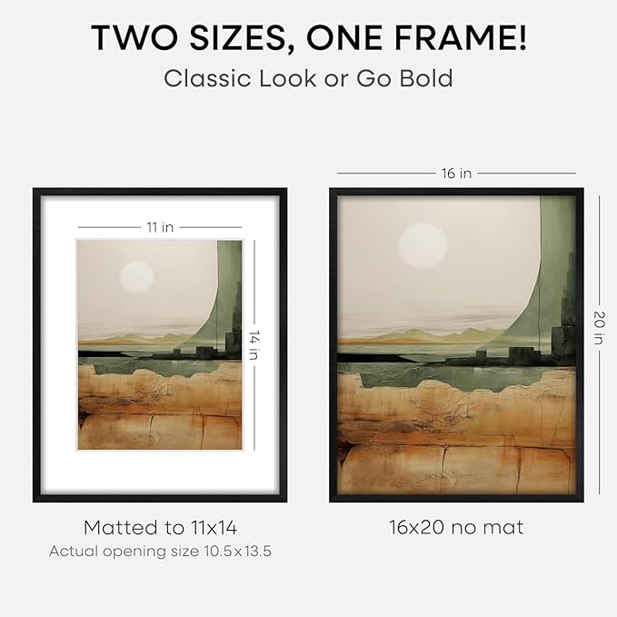 Homeforia 16x20 Black Wood Frame, High End Oak 16x20 Picture Frames with Mat 11x14 Photo, 16 x 20 Wooden Poster Frame Matted to 11 by 14 Print, 20x16 Hanging Frames, Tempered Glass, Wall Kit, Set of 1