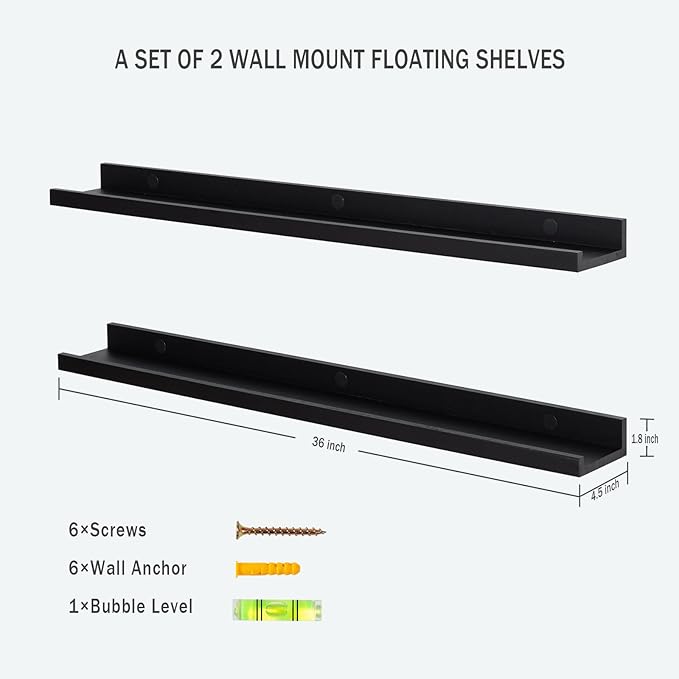 Black Floating Shelves 36 Inch Modern Picture Frame Shelf for Wall Picture Ledge Shelves with Lip Wooden Book Toy Shelves Set of 2 Bathroom Shelf Organizer for Living Room Bedroom Kitchen Wall Decor