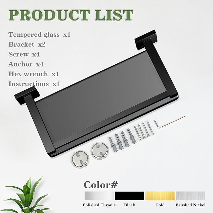 Alise Glass Shelves for Bathroom Wall, Tempered Glass Bathroom Shelf Wall Mounted, Modern Space Saving Floating Shelves 12 inch, Matte Black