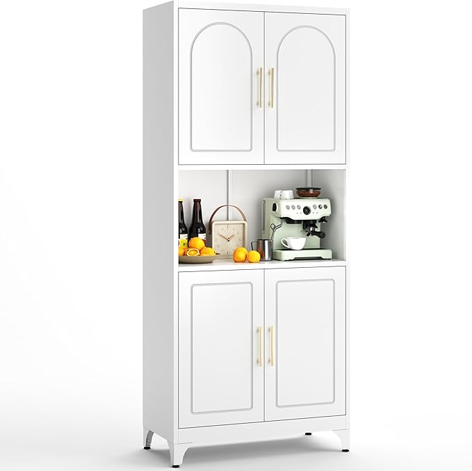 75" Tall Kitchen Pantry Storage Cabinet, Metal Storage Cabinets with 4 Doors and Adjustable Shelves,White Kitchen Hutch Cabinet with Microwave Stand, Large Cupboard for Dining Living Room
