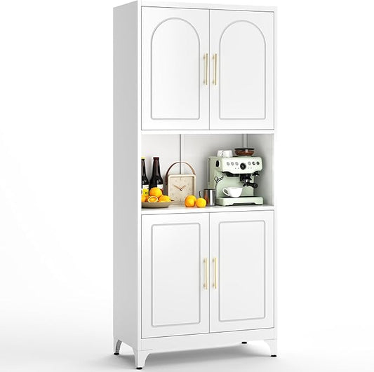 75" Tall Kitchen Pantry Storage Cabinet, Metal Storage Cabinets with 4 Doors and Adjustable Shelves,White Kitchen Hutch Cabinet with Microwave Stand, Large Cupboard for Dining Living Room