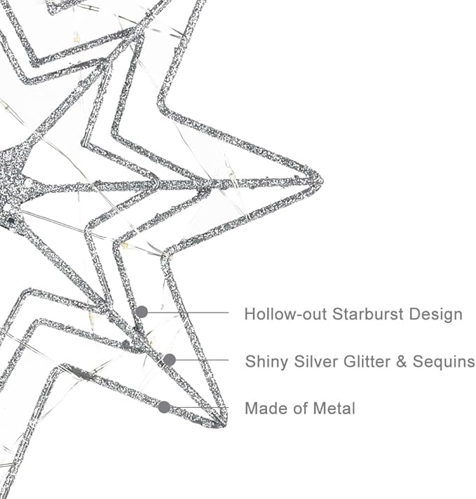 hogardeck Christmas Tree Topper, Glittered Silver 8-Pointed Star Tree Topper for Christmas Treetop, 20 LED Timer Sparkling Tree Toppers for Christmas Tree Decorations