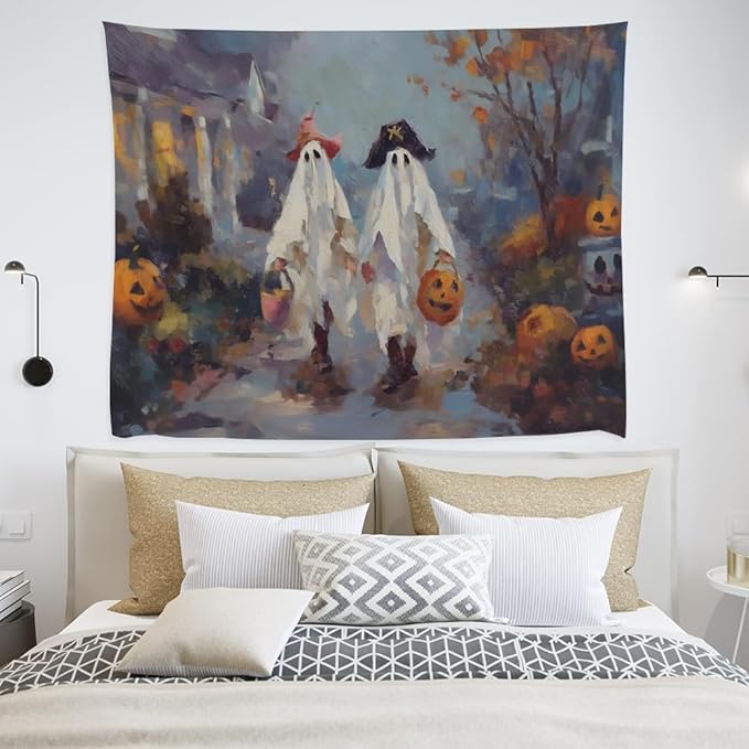 Funny Halloween Ghost Tapestry Wall Hanging Cute Kids Nursery Room Decor Trick or Treat Art Print Goth Fall Pumpkin Ghost Tapestries for Living Room Bedroom wall Decor 50x60inch