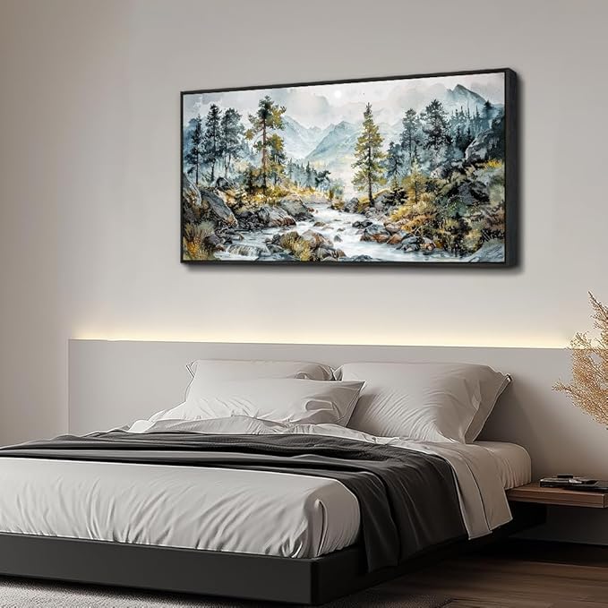 PHAOHUAXM Large Canvas Printing Artworks Wall Art For Bedroom Wall Decor For Living Room Office Home Decor Rivulet View Painting Forest Tree Landscape Watercolour Pictures Black Framed 30x60 In