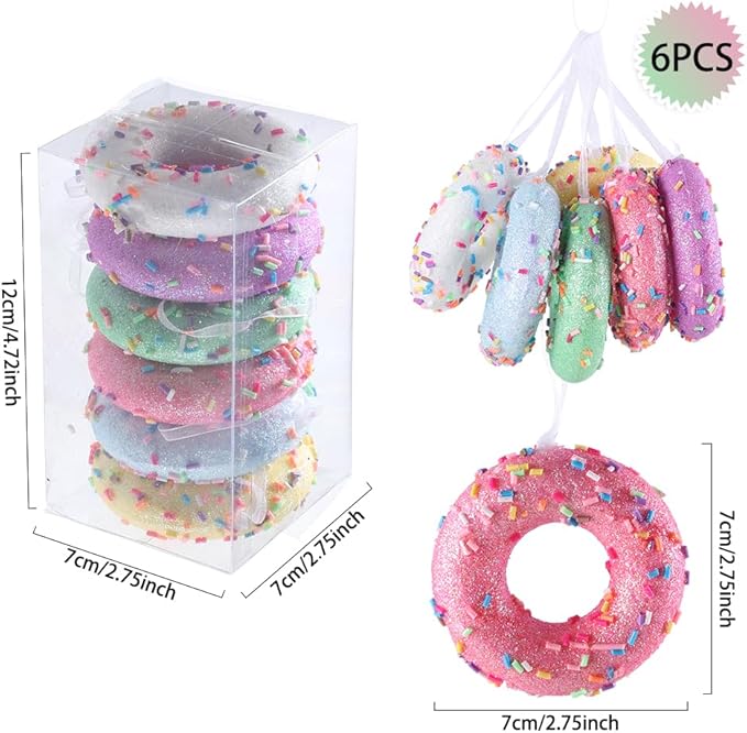 Donut ChristmasParty Decorations Ornaments, 6Pcs Hanging Christmas Tree Candy Ornament, Macaron Color Mini Dessert Donut Pendant Set for Xmas New Year Easter Birthday Home Party Supplies (Doughnut)