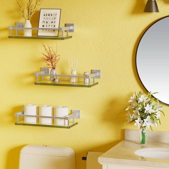 Alise Glass Shelves for Bathroom Wall, Tempered Glass Bathroom Shelf Wall Mounted, Modern Space Saving Floating Shelves 12 inch, Brushed Nickel