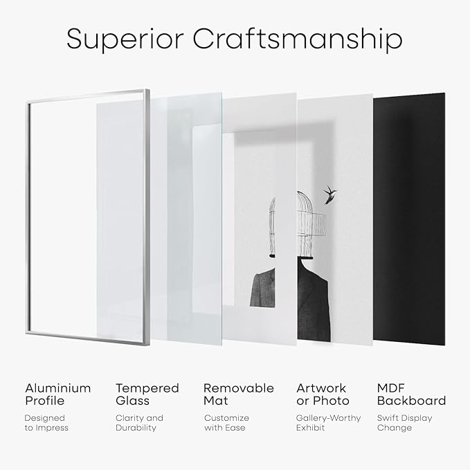 Homeforia 12 x 16 Picture Frame Silver, High End Metal 12x16 Poster Frames with Mat 9x12 Photo, 12 x 16 Silver Frame Matted to 9 x 12 in Print, 16by12 Hanging Frame, Tempered Glass, Wall Kit, Set of 1