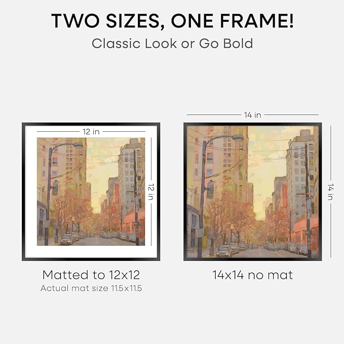 Homeforia 14x14 Picture Frame Black, High End Metal 14 x 14 Square Poster Frames with Mat 12 x 12 Photo, 14x14 Black Frame Matted to 12x12 Print, 14by14 Thin Frames, Tempered Glass, Wall Kit, Set of 1