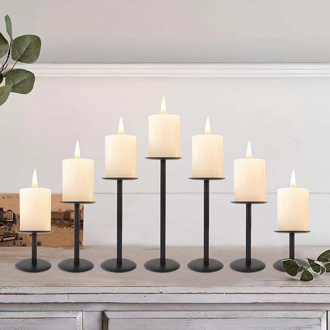 Set of 7 Metal Black Candle Holders, Assemblable Pillar and Taper Candlesticks, Halloween Fall Thanksgiving Day Dining Table Centerpieces Decor, Mantle Fireplace Candle Sticks Decorations