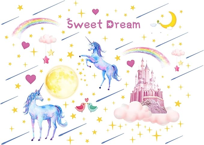 Glow in The Dark Unicorn Castle Wall Decals,Peel and Stick Colorful Unicorn Wall Stickers with Moon Stars Sweet Dream Wall Art for Girls Kids Bedroom Nursery Party Home Decor(Blu-ray)
