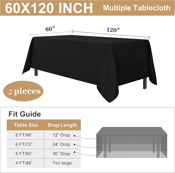 sancua 2 Pack Black Tablecloth 60 x 120 Inch, Rectangle 8 Feet Table Cloth - Stain and Wrinkle Resistant Washable Polyester Table Cover for Dining Tables, Buffet Parties and Camping
